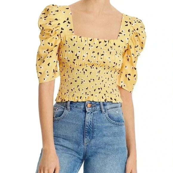 Amanda Uprichard Women's Yellow Monaco Smocked Floral Print Top, Size XS - Picture 1 of 16